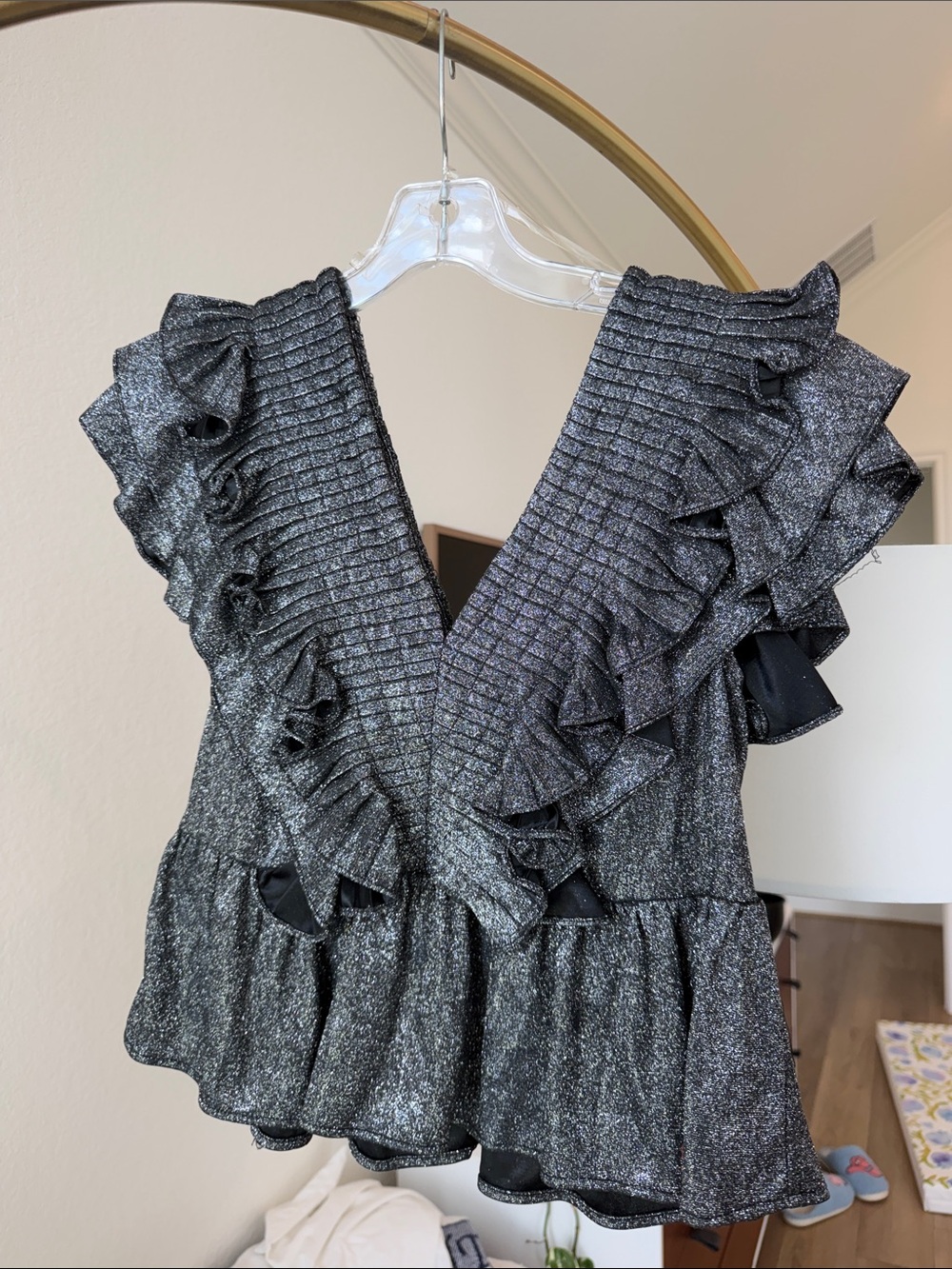 entro Metallic Silver-Black Ruffle V-Neck Blouse